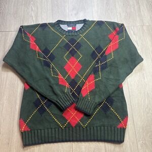 Tommy Hilfiger VTG 90's Knit Sweater Sz Medium Argyle Chunky Cable OLD LOGO RARE